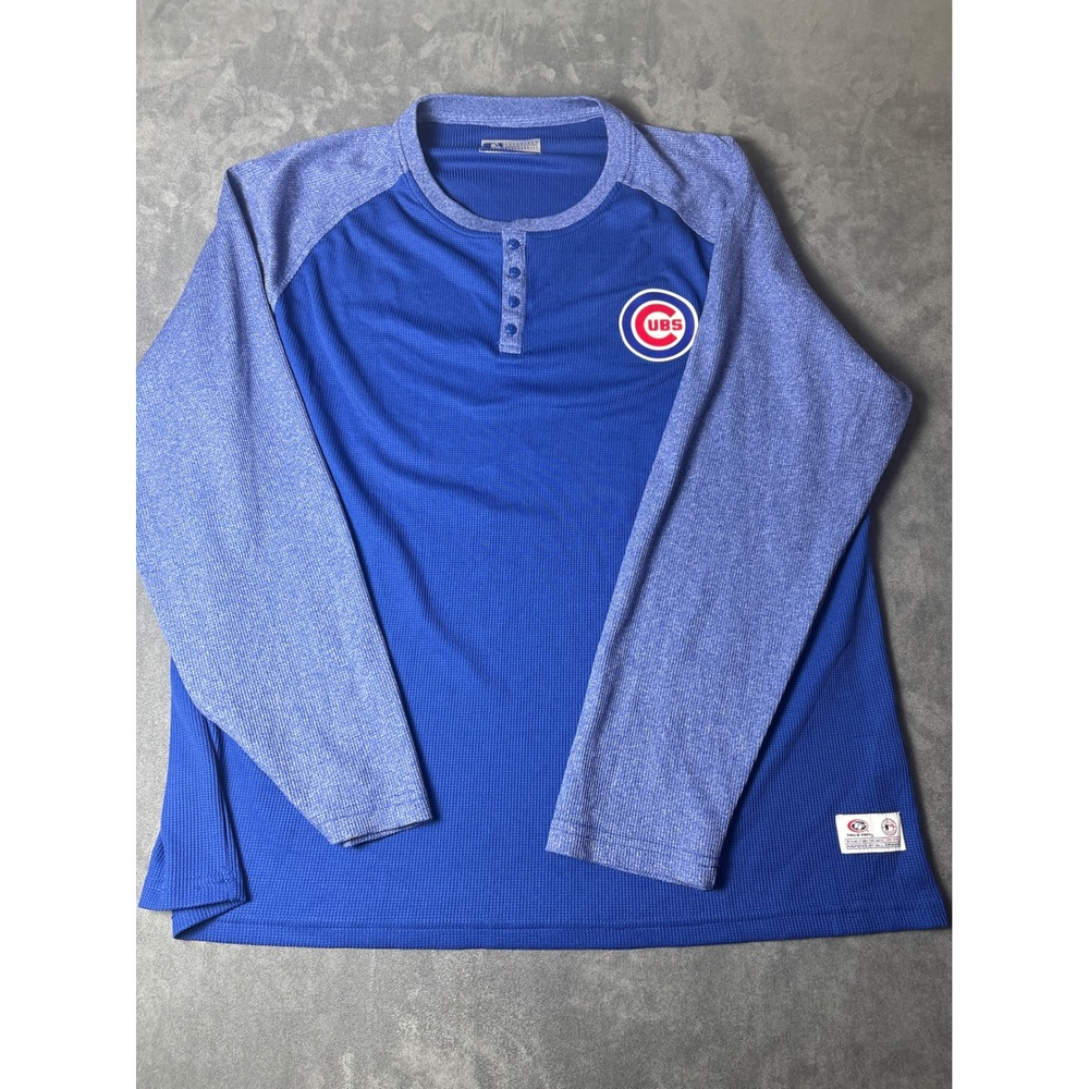 Chicago Cubs MLB True Fan Henley Shirt Mens 2XL Blue Waffle Knit Long Sleeve